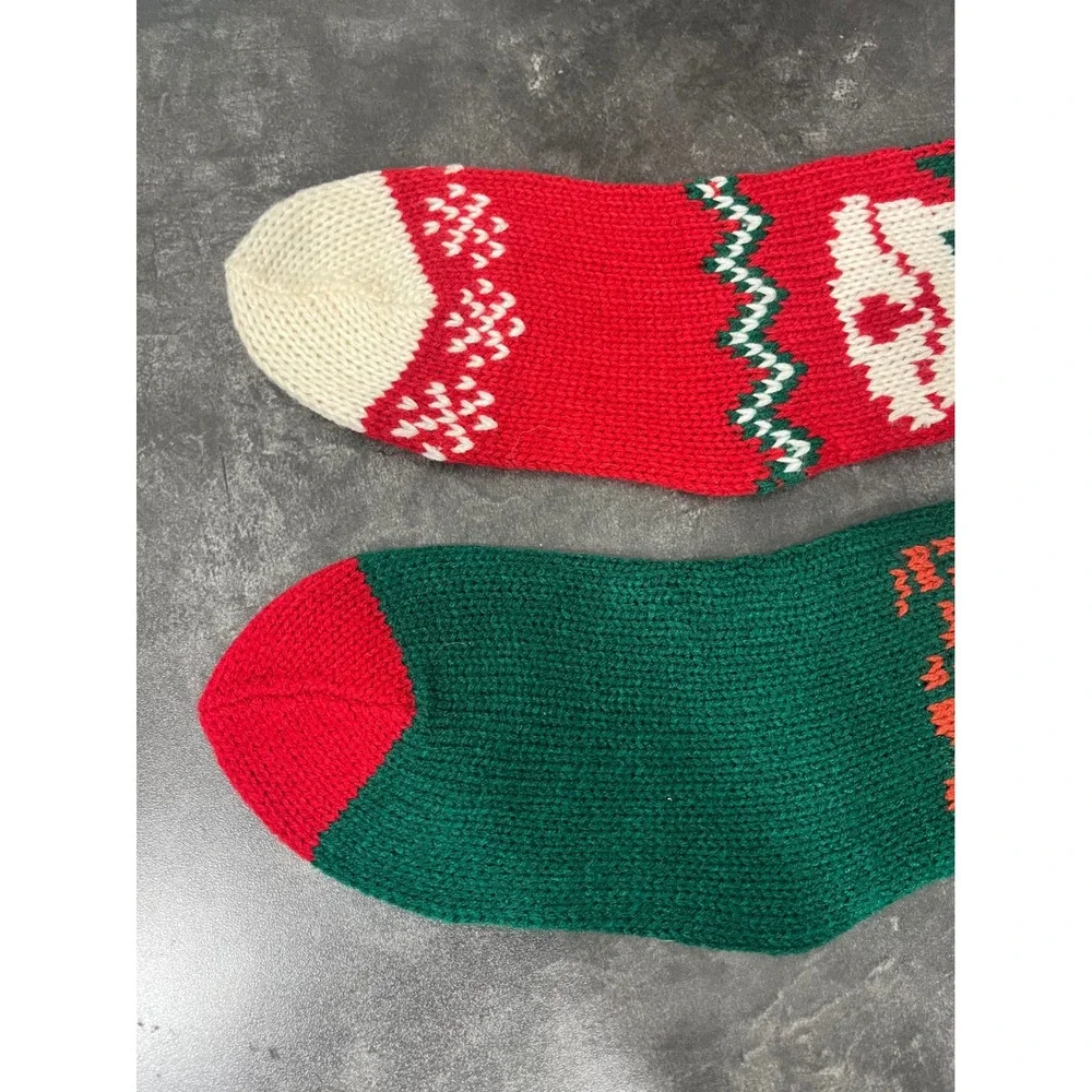Vintage Inspired Christmas Knit Stockings Set 2pc Holiday Retro Santa Bell